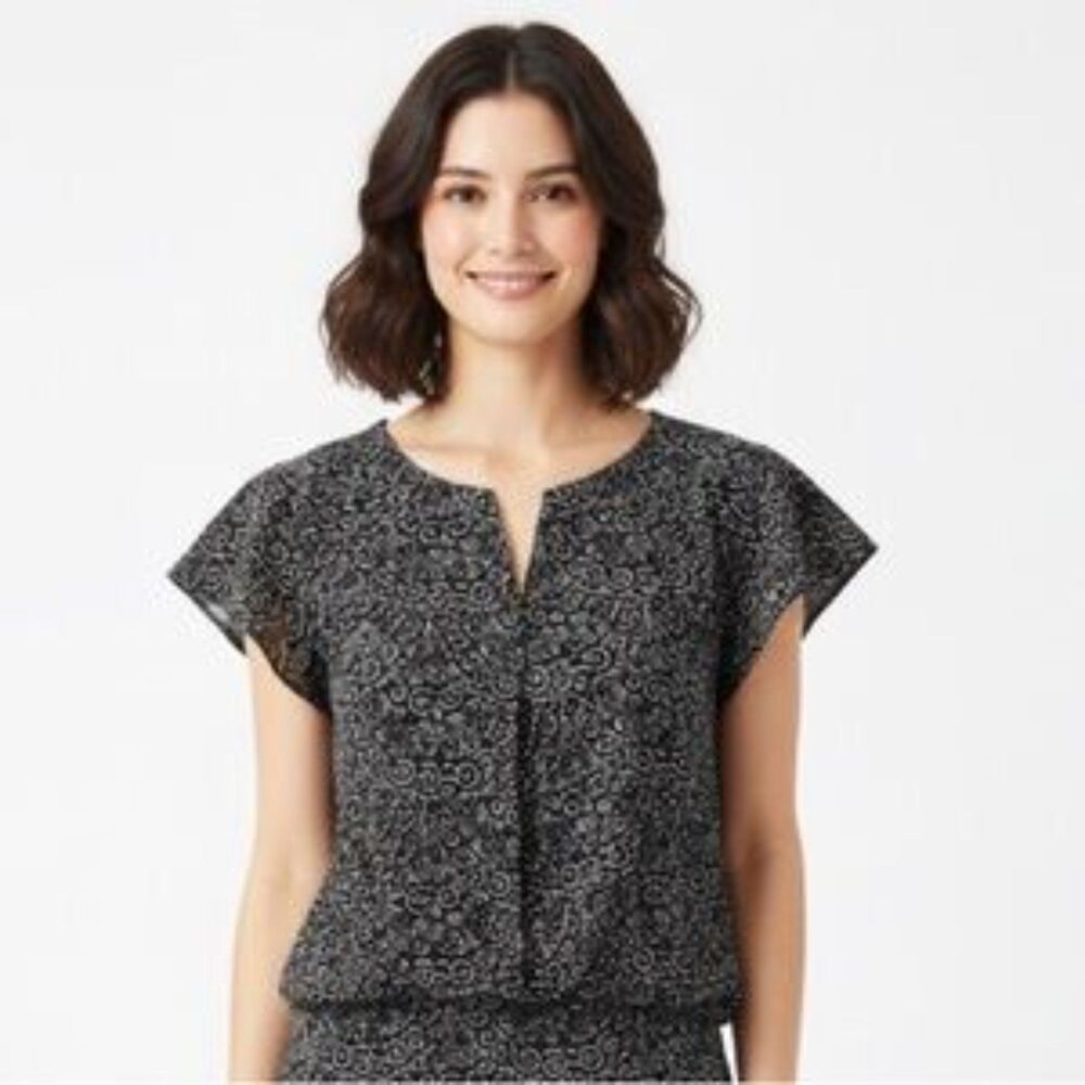 Ann Taylor Black/White Swirl Print Flutter Sleeve Blouse Size 6